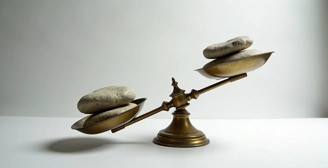 Balance ancienne en déséquilibre symbolisant le rapport coût-bénéfice