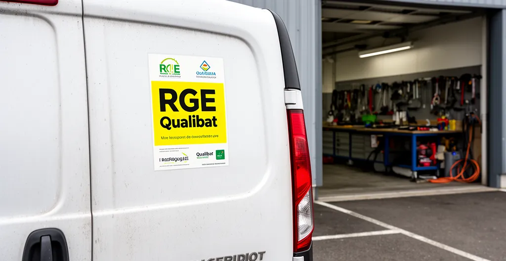 Plaque de certification RGE affichée sur la porte d'une camionnette de chauffagiste