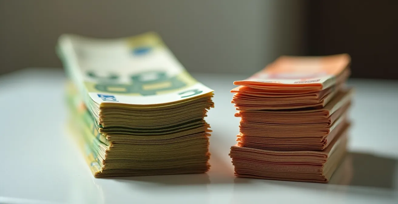 Comparaison visuelle de billets empilés montrant la différence avant et après rachat