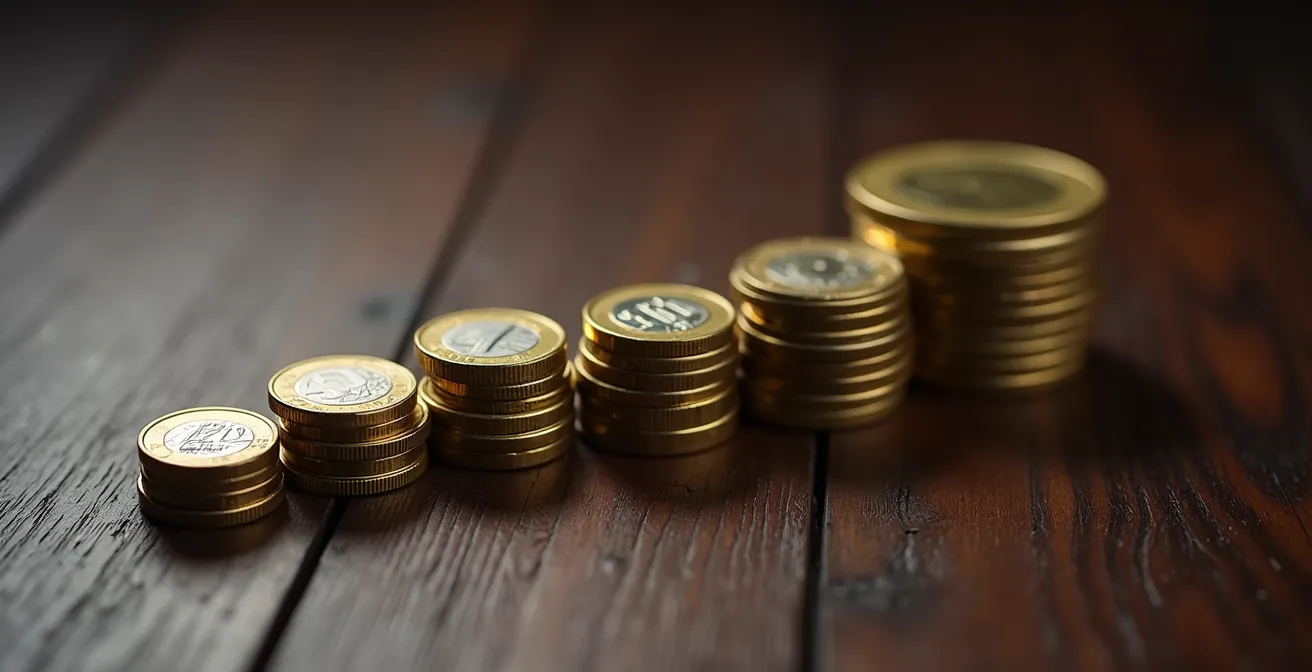 Visualisation de l'étalement du capital dans le temps avec des pièces de monnaie