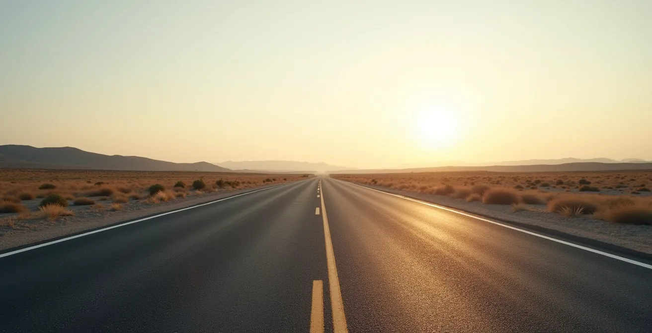 Route droite s'étendant vers l'horizon lointain symbolisant l'engagement à long terme