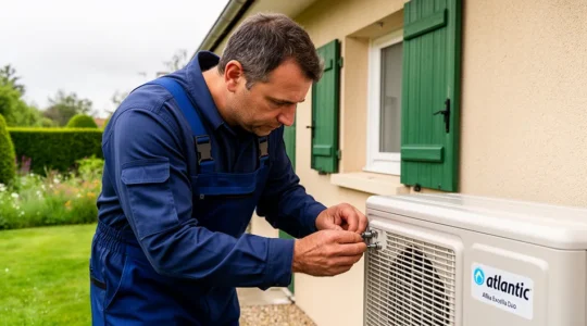 Technicien chauffagiste inspectant le boîtier de contrôle d'une pompe à chaleur en extérieur
