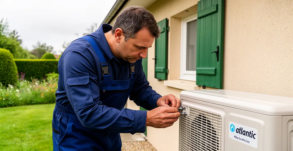 Technicien chauffagiste inspectant le boîtier de contrôle d'une pompe à chaleur en extérieur