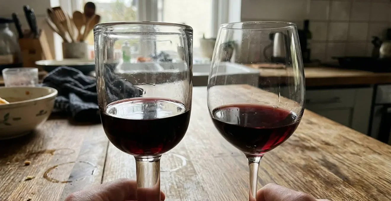 Deux verres à vin posés côte à côte sur une table en bois, l'un visiblement plus épais que l'autre