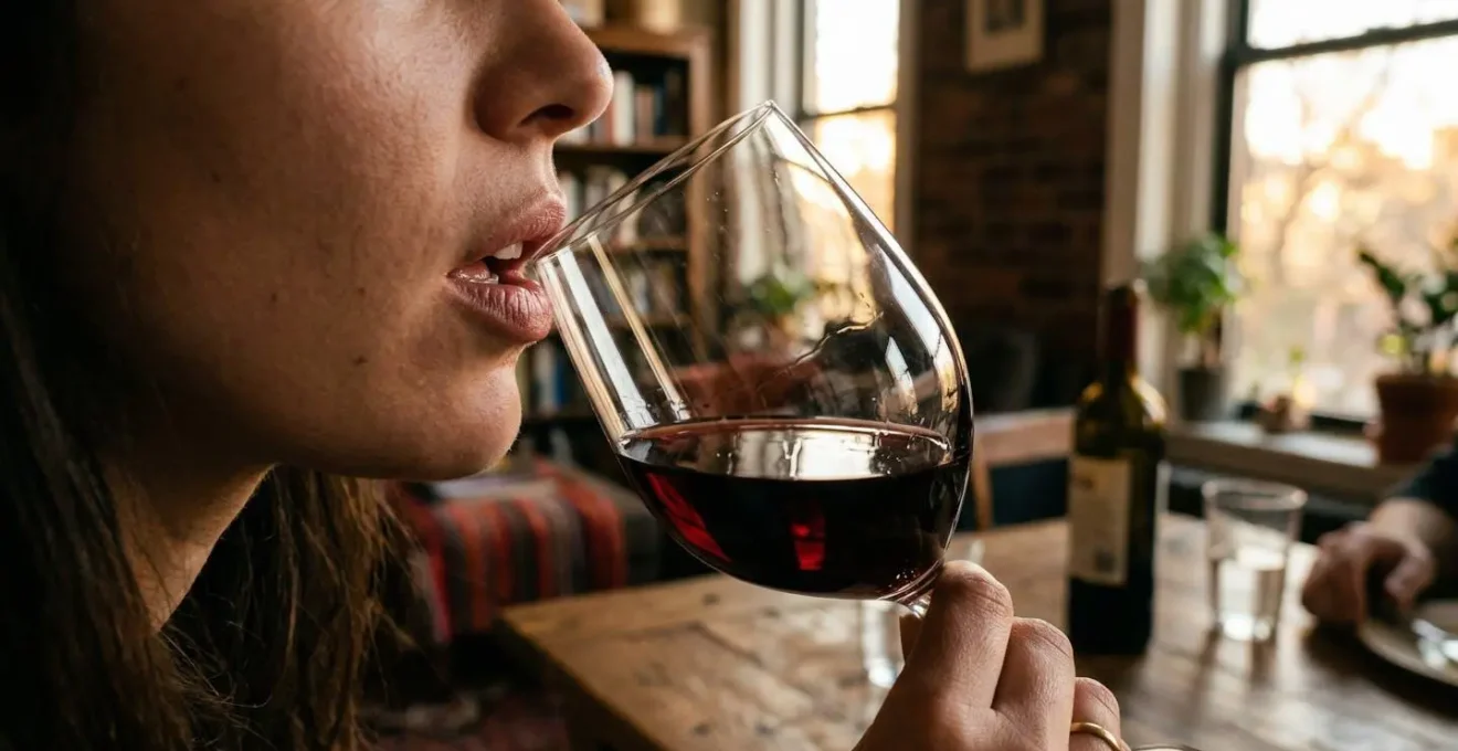 Des lèvres s'approchent du bord fin d'un verre à vin dans une lumière de fin de journée