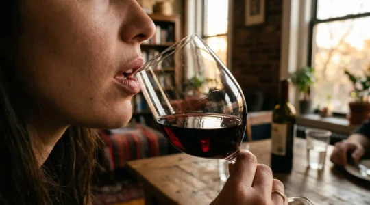Des lèvres s'approchent du bord fin d'un verre à vin dans une lumière de fin de journée
