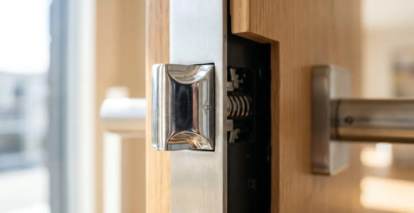 Gros plan extrême sur le mécanisme d'une serrure multipoints chromée moderne, détail du pêne dormant et de la quincaillerie haut de gamme avec reflets métalliques