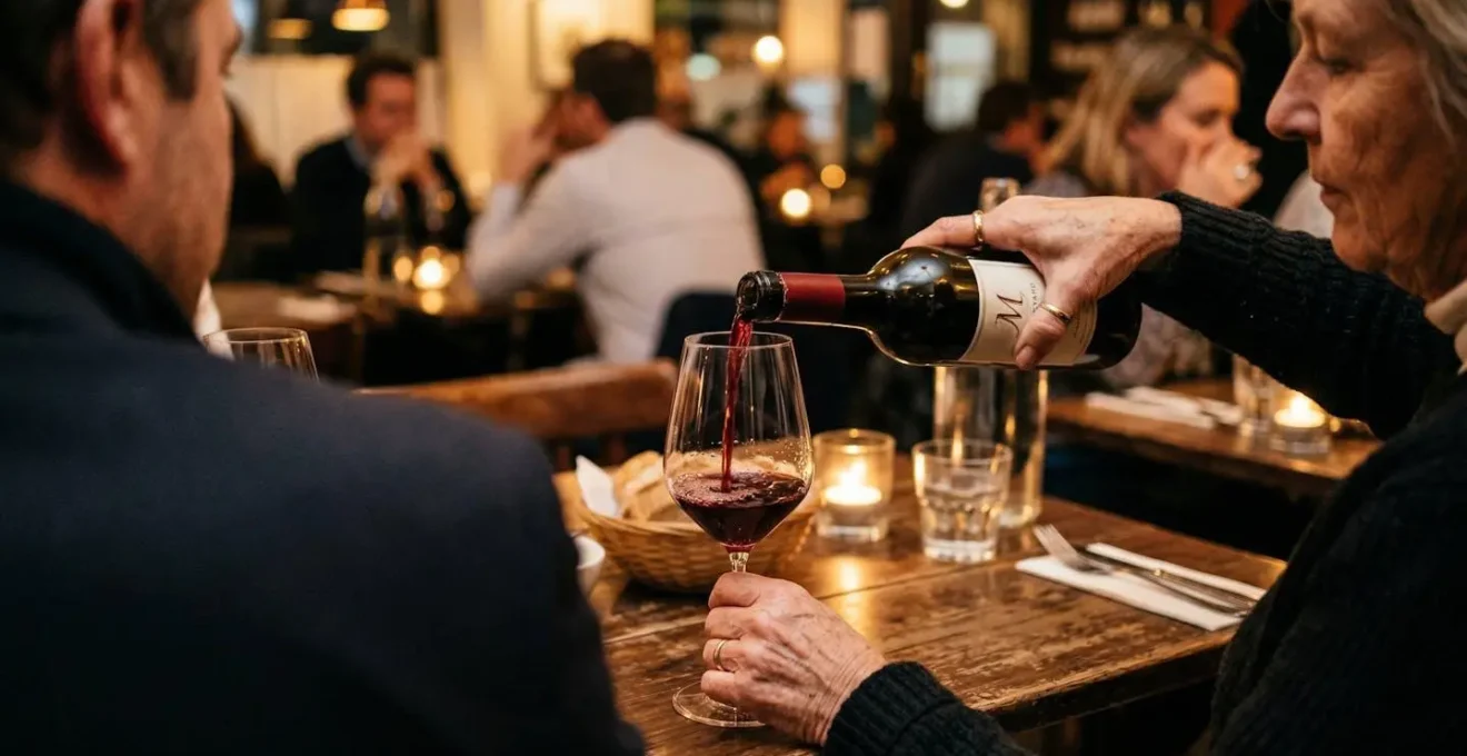 Une main verse du vin rouge dans un verre à pied fin lors d'une dégustation entre amis