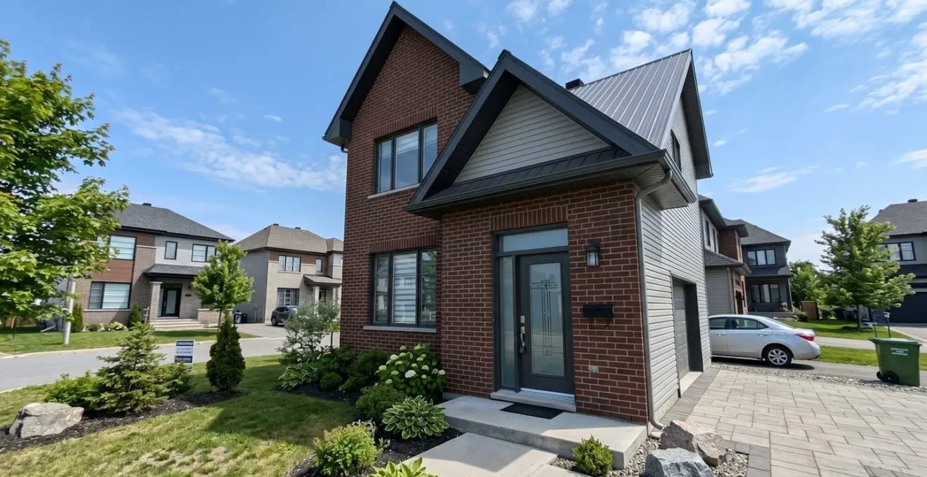 Vue grand angle de l'extérieur d'une maison québécoise typique en brique avec revêtement, équipée d'une porte d'entrée moderne en acier avec vitraux décoratifs, aménagement paysager soigné, lumière naturelle abondante