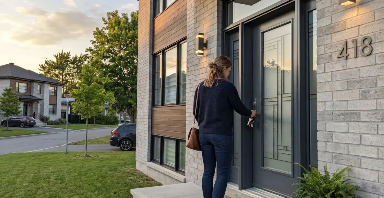 Un propriétaire de dos déverrouille une porte d'entrée moderne en acier avec vitraux décoratifs, devant une maison unifamiliale contemporaine de banlieue québécoise, lumière naturelle douce de fin de journée