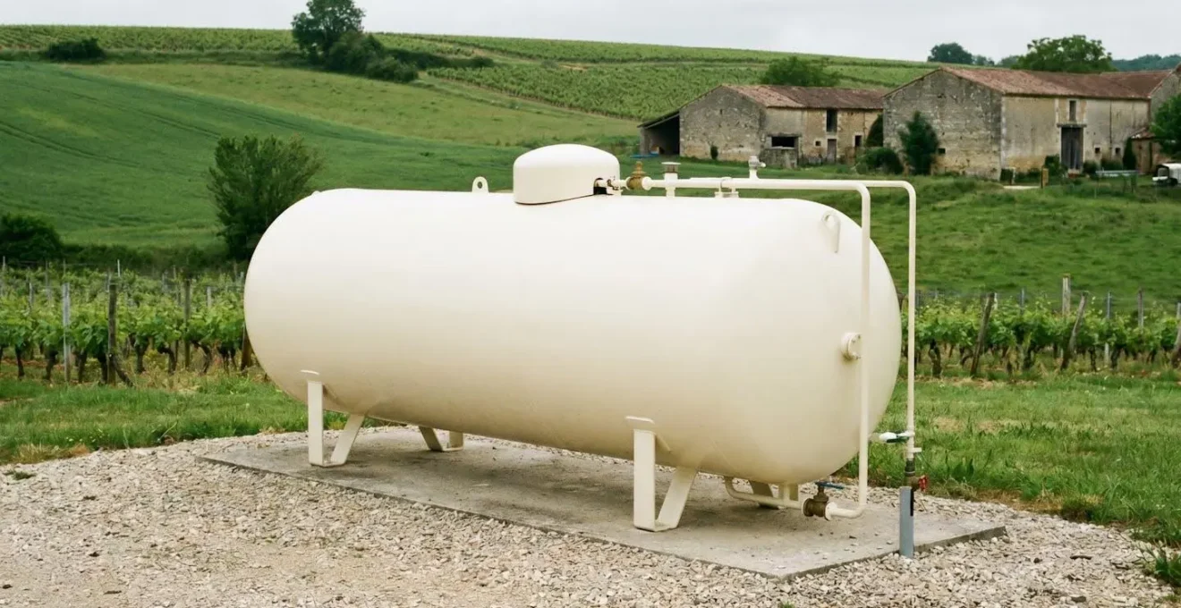 Citerne gaz propane professionnelle moderne sur site industriel, bien entretenue et sécurisée