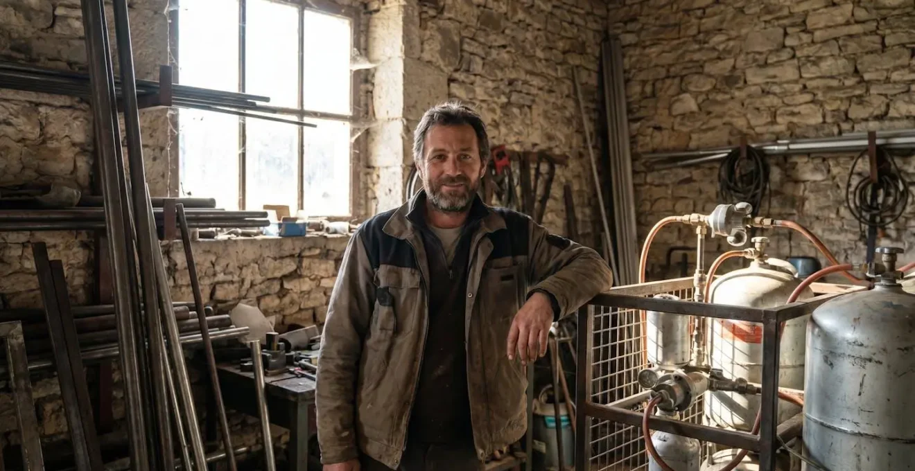 Chef d'entreprise artisanal debout devant son installation propane dans un atelier lumineux, regard confiant
