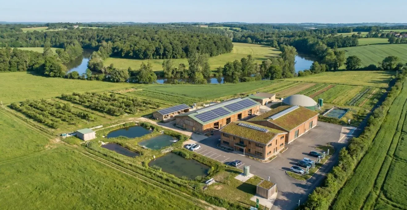 Vue symbolique d'un site industriel rural entouré de végétation verdoyante, représentant la transition vers des énergies renouvelables