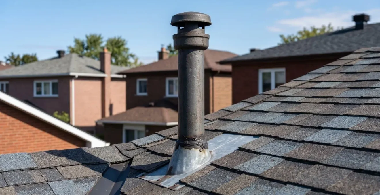 Évent de plomberie sur toiture résidentielle du Grand Montréal, élément clé de la ventilation système drainage