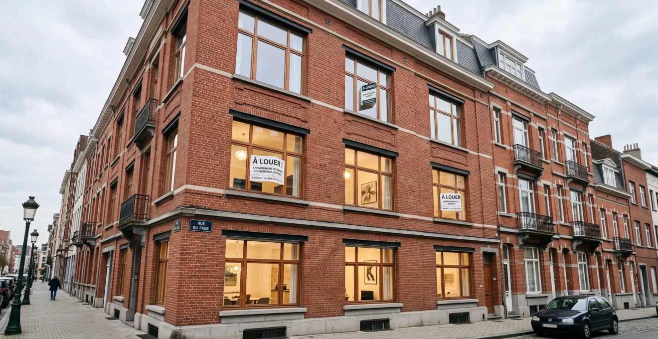 Immeuble de rapport multi-logements en milieu urbain belge avec panneaux 'À louer' visibles sur la façade, architecture typique bruxelloise ou liégeoise