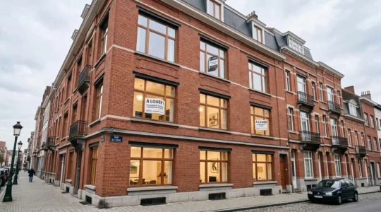 Immeuble de rapport multi-logements en milieu urbain belge avec panneaux 'À louer' visibles sur la façade, architecture typique bruxelloise ou liégeoise