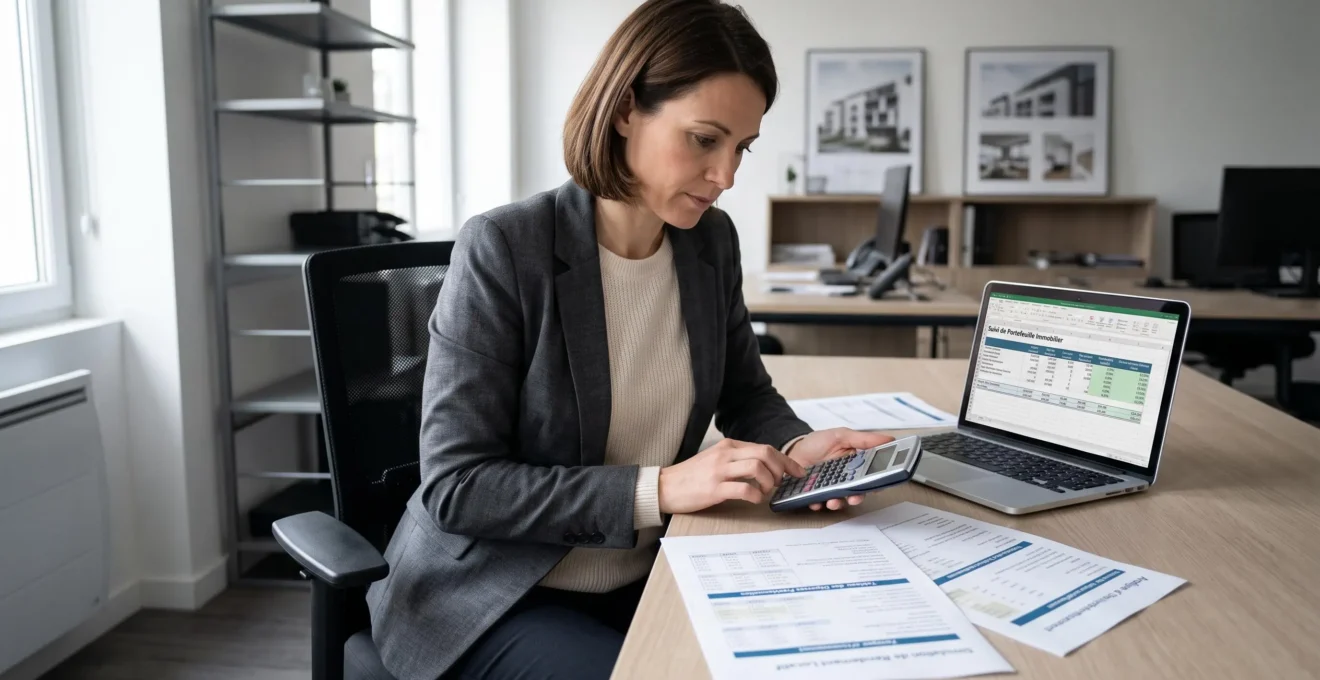Investisseuse analysant documents financiers immobiliers et simulation de rentabilité locative avec calculatrice sur bureau contemporain