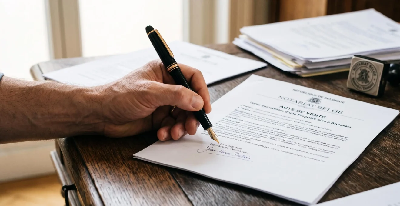 Main signant acte de vente immobilier notarié belge avec stylo plume sur bureau de notaire