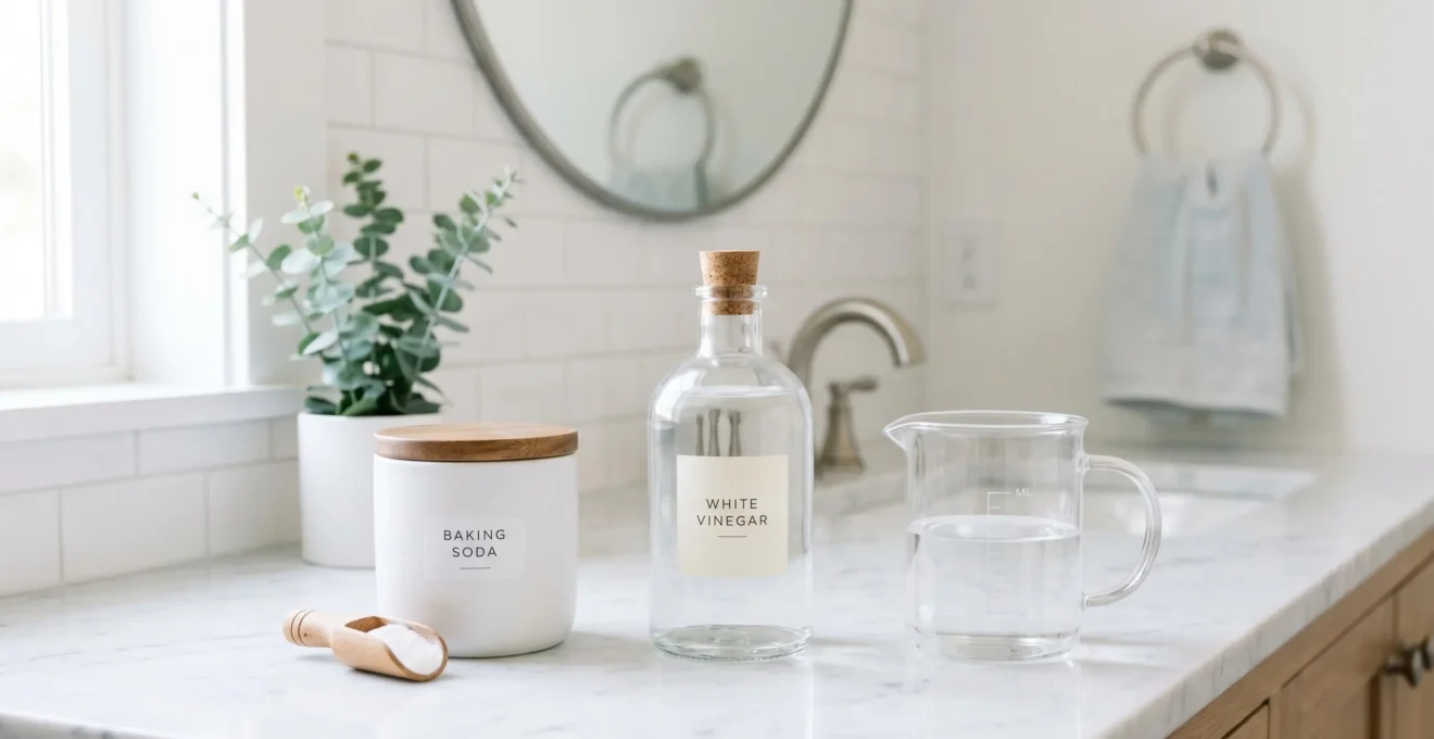 Produits naturels d'entretien disposés sur comptoir de salle de bain : bicarbonate, vinaigre et eau pour nettoyage écologique