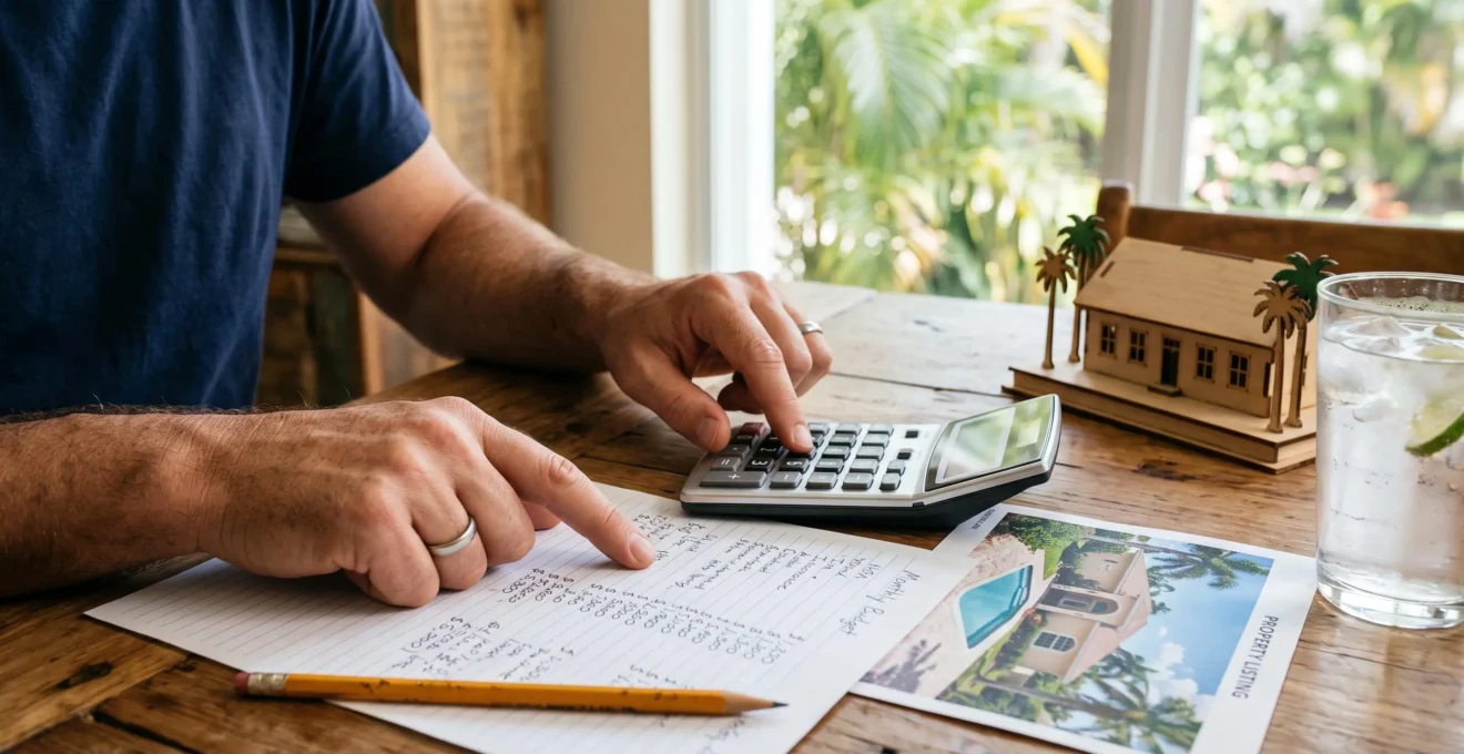 Des mains tenant une calculatrice au-dessus d'une feuille de calcul budgétaire posée sur une table en bois, près d'une maquette de maison.