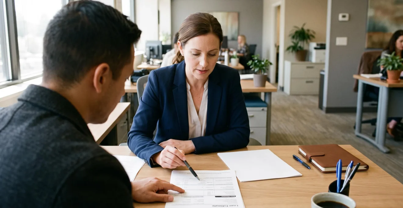 Une conseillère hypothécaire pointant une ligne d'un document de prêt posé sur le bureau, face à un client qui le lit attentivement.