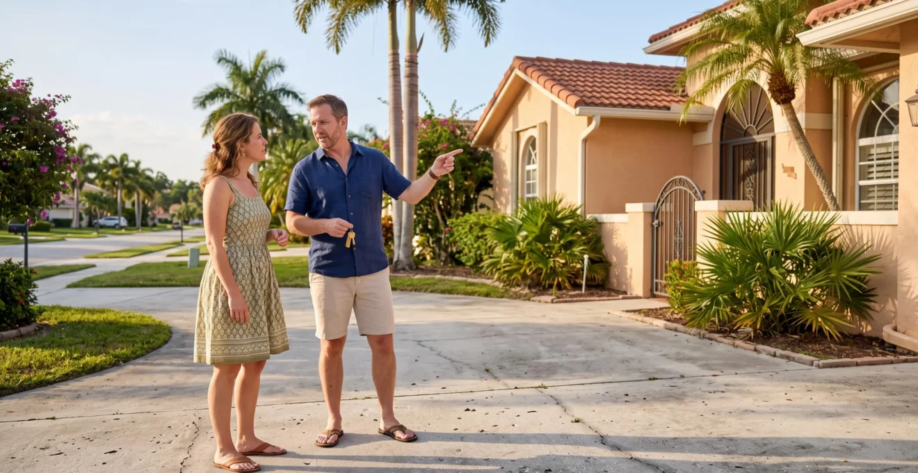Un couple devant une maison individuelle de style floridien avec palmiers, l'homme tenant des clés et désignant la porte d'entrée.