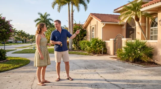 Un couple devant une maison individuelle de style floridien avec palmiers, l'homme tenant des clés et désignant la porte d'entrée.