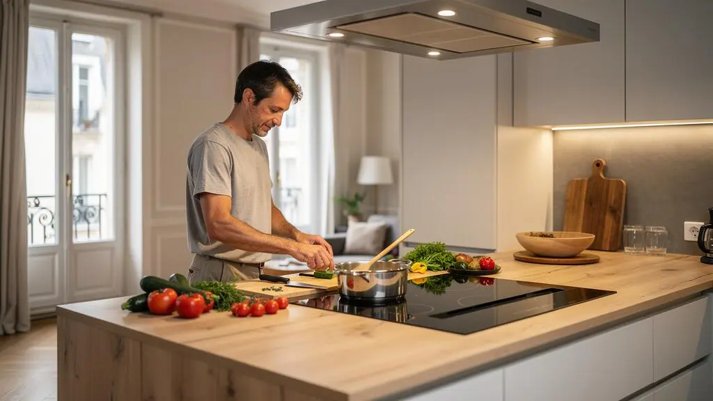 Cuisine ouverte française moderne avec plaque induction et hotte intégrée au premier plan, personne préparant un repas dans un espace lumineux