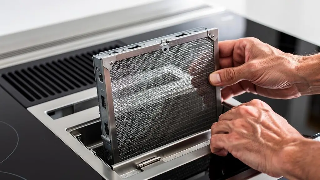 Gros plan sur des mains retirant le filtre métallique d'une plaque induction avec système d'extraction intégré
