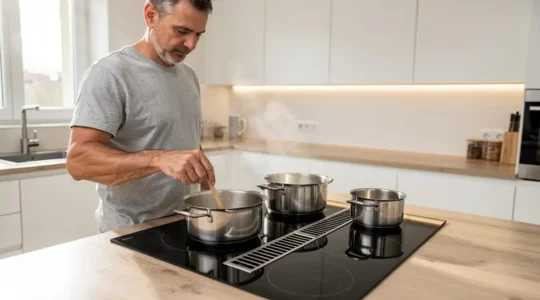 Personne cuisinant sur une plaque induction avec hotte aspirante intégrée dans une cuisine moderne, vapeur aspirée visible entre les foyers