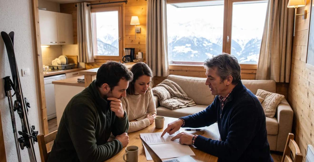 Un propriétaire présente un bail commercial à un couple de locataires attablés dans un appartement de station de ski.