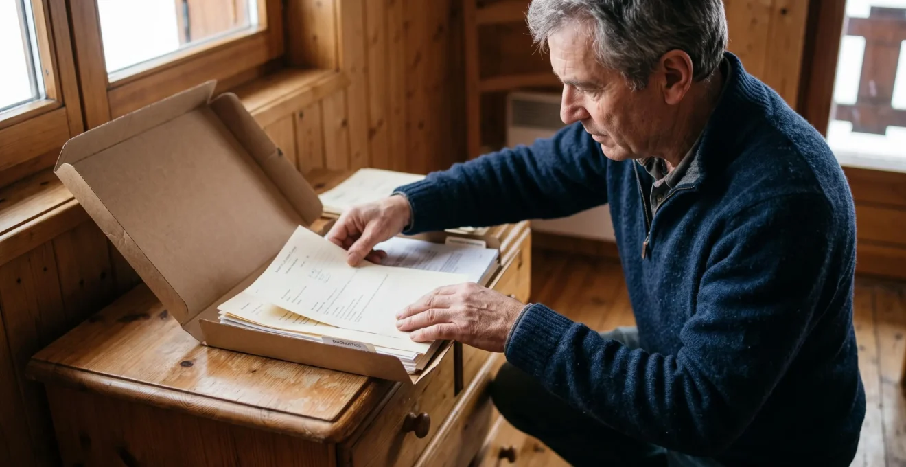 Un propriétaire trie des documents et diagnostics techniques dans un dossier, à genoux près d'un meuble en bois.