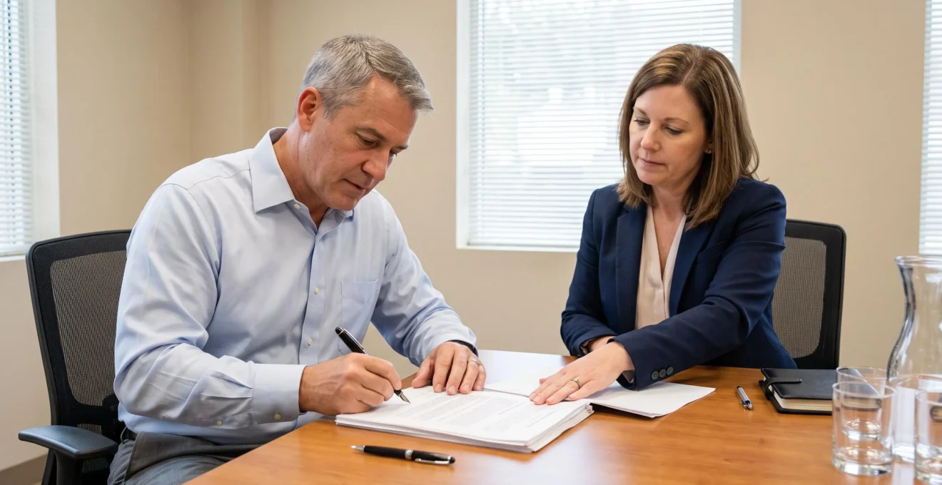 Un acheteur signant une pile de documents de clôture à la table d'une agence, une agent immobilier maintenant la page.