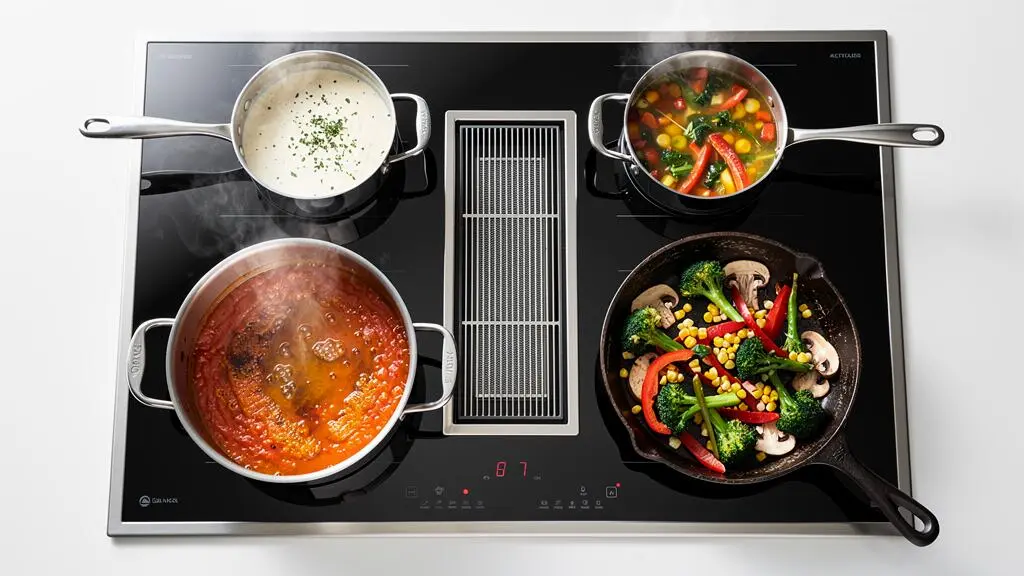 Vue du dessus d'une plaque induction avec hotte intégrée montrant quatre zones de cuisson actives avec différents ustensiles et les grilles d'extraction visibles