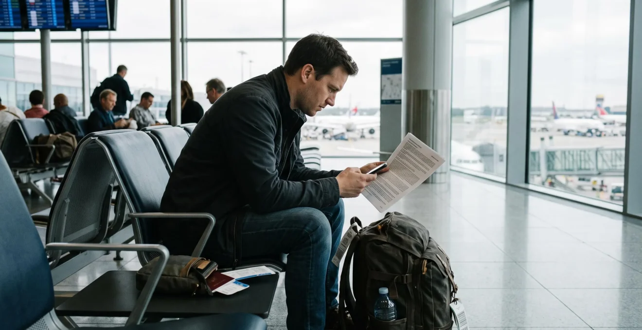 Un voyageur lit son contrat d'assurance dans un salon d'embarquement d'aéroport.